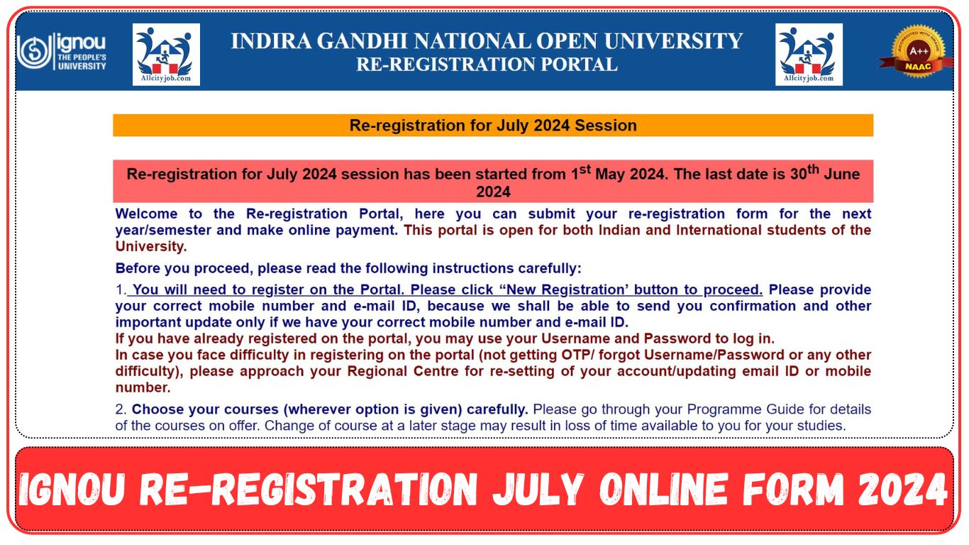 IGNOU Re-Registration July Online Form 2024