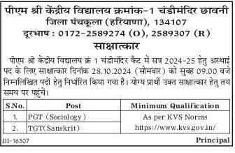 PM Shri Kendriya Vidyalaya Chandimandir Job Notification 2024