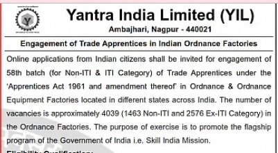Yantra India Limited (YIL) Recruitment 2024: 4039 Trade Apprentice Vacancies