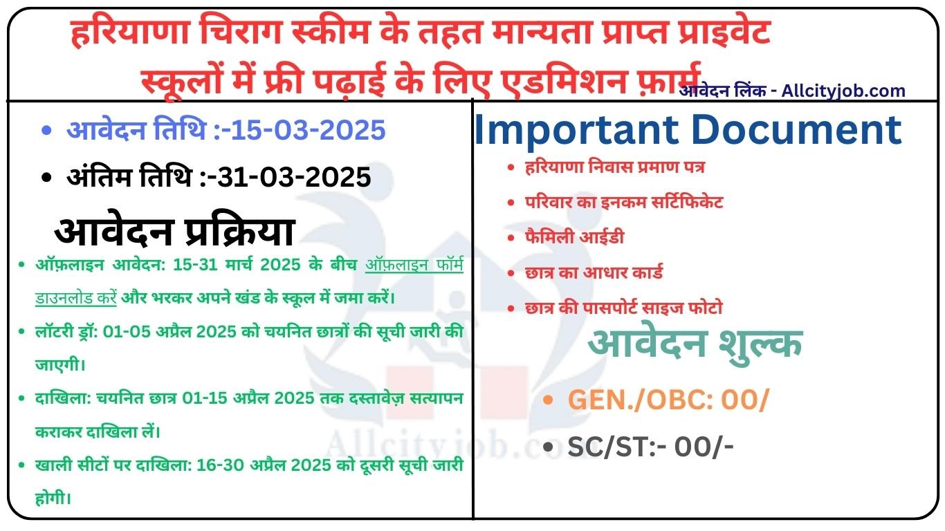 Haryana Cheerag Yojana Admission Form 2025-26