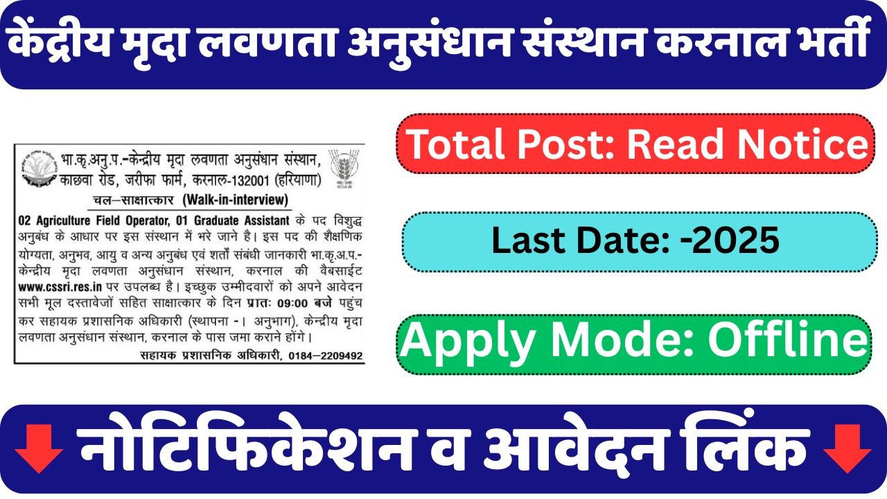 CSSRI Karnal Agriculture Field Operator Recruitment 2025