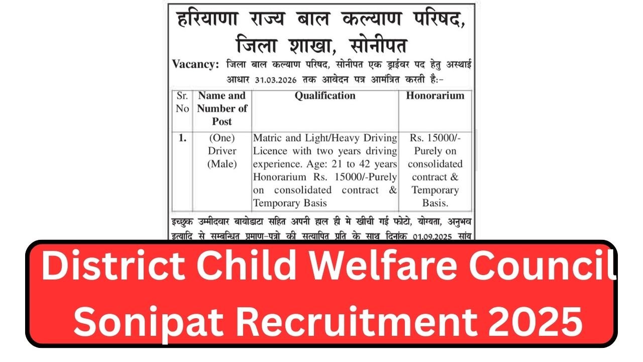 District Child Welfare Council Sonipat Recruitment 2025