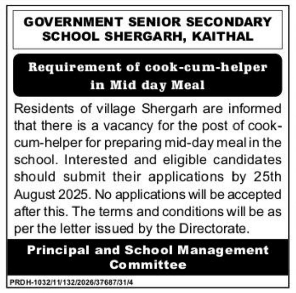 Haryana Mid Day Meal Helper Recruitment 2025