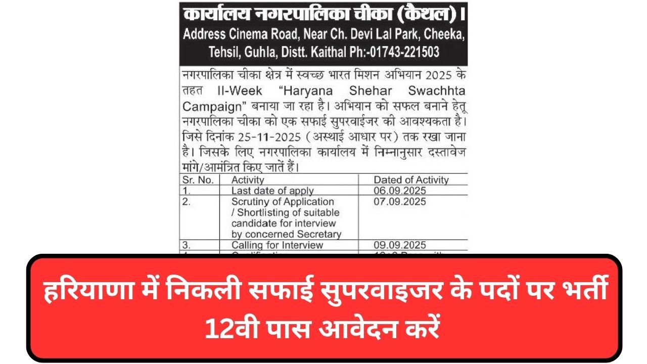 Haryana Safai Supervisor Vacancy 2025