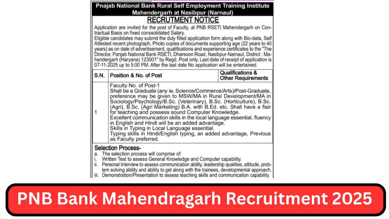 PNB Bank Mahendragarh Recruitment 2025